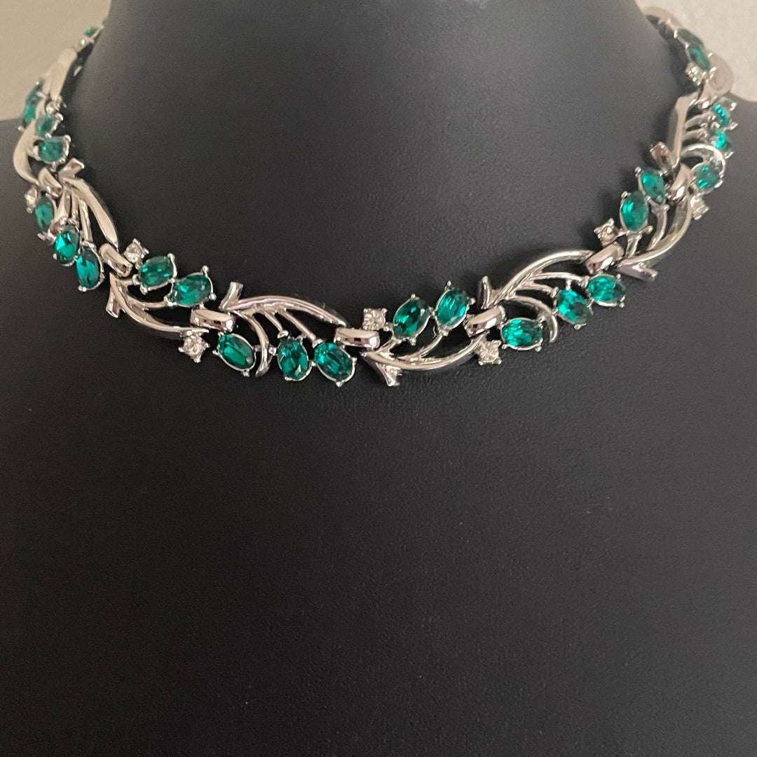 A Mid Century Vintage Crown Trifari  Green Crystal Necklace