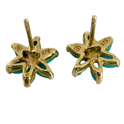 A Pair of 9ct Gold Turquoise Flower Earrings