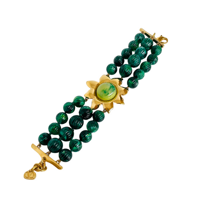 Vintage Valentino Bracelet, 1980s, Emerald-Green Beads, Golden Sunburst