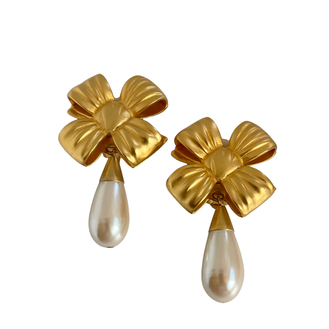 Vintage Elizabeth Arden Bow Clip Earrings With Drop Pearl, 1980s