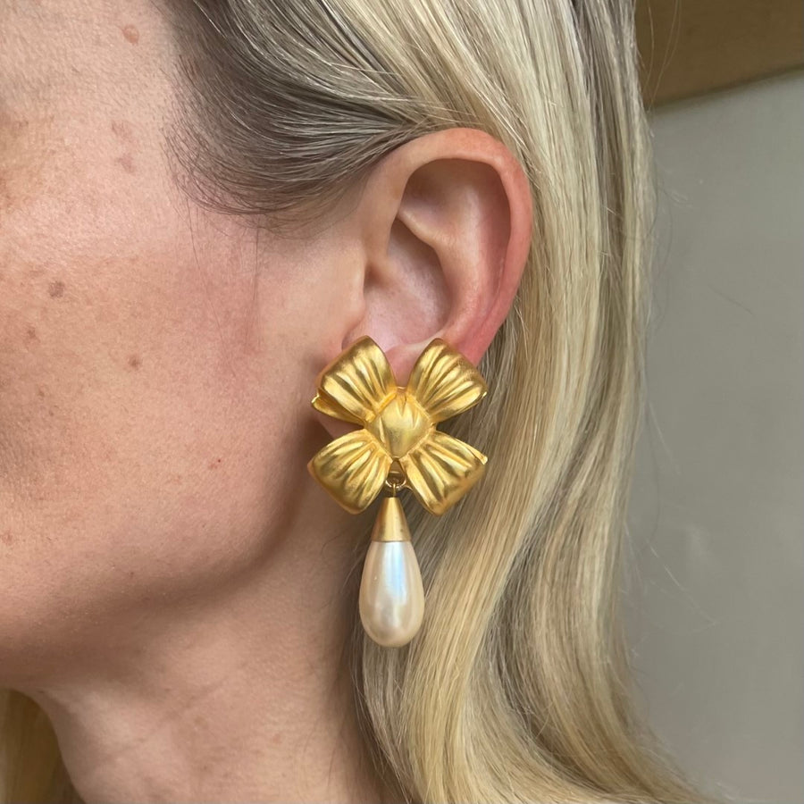 Vintage Elizabeth Arden Bow Clip Earrings With Drop Pearl, 1980s