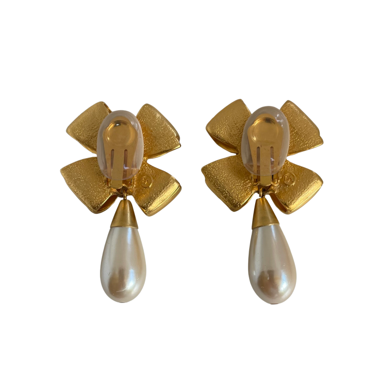 Vintage Elizabeth Arden Bow Clip Earrings With Drop Pearl, 1980s