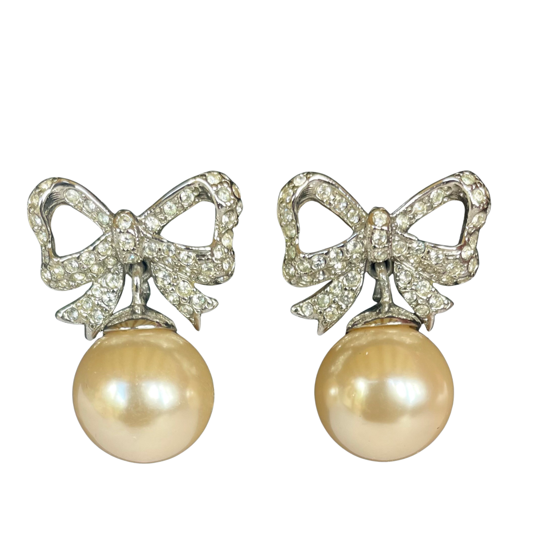Vintage Bow Earrings With Drop Pearl