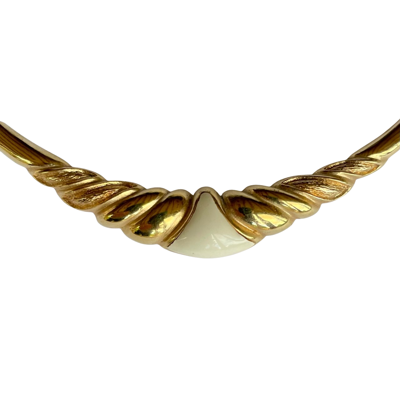 Vintage 1980s Christian Dior gold-plated collar necklace featuring a fluted centerpiece, cream enamel shield insert, and signed CD charm. Excellent condition