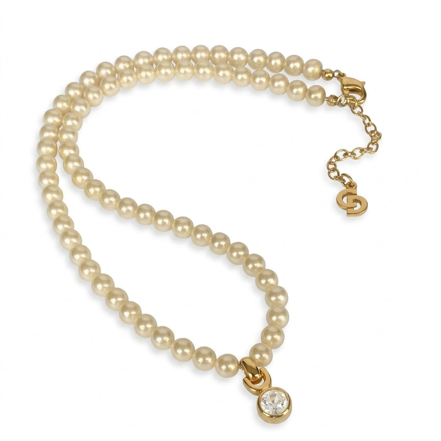 Vintage Christian Dior Pearl Necklace with Horseshoe Bail and Crystal Drop