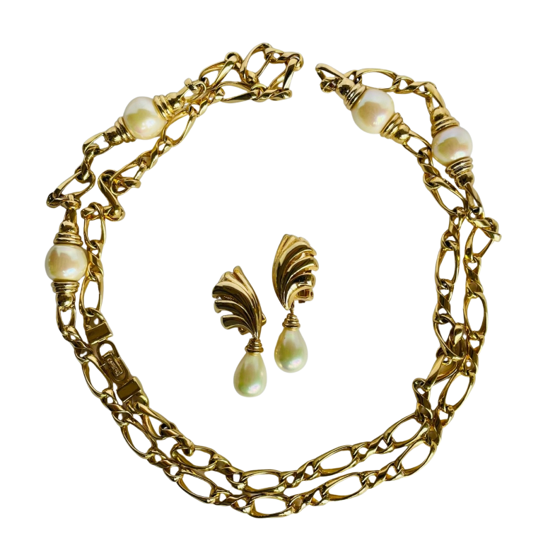 Vintage Christian Dior Long Gold-Plated Necklace with Faux Pearls