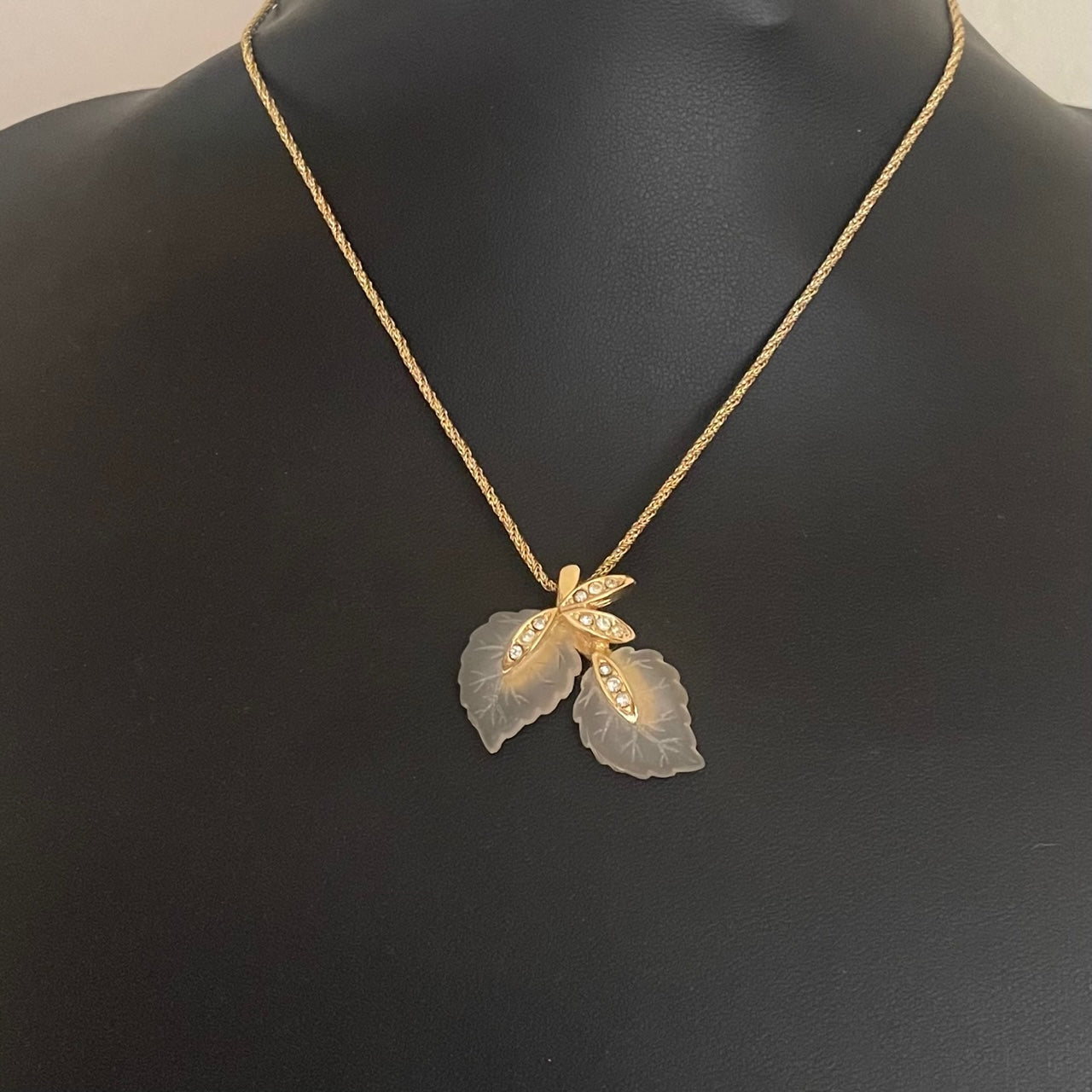 Vintage 1970s Christian Dior Gold-Plated Frosted Lucite Leaf Pendant Necklace