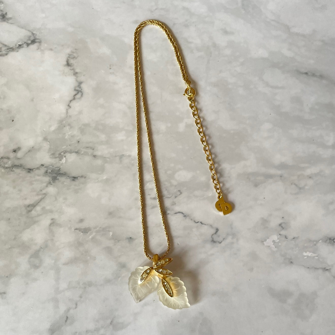 Vintage 1970s Christian Dior Gold-Plated Frosted Lucite Leaf Pendant Necklace