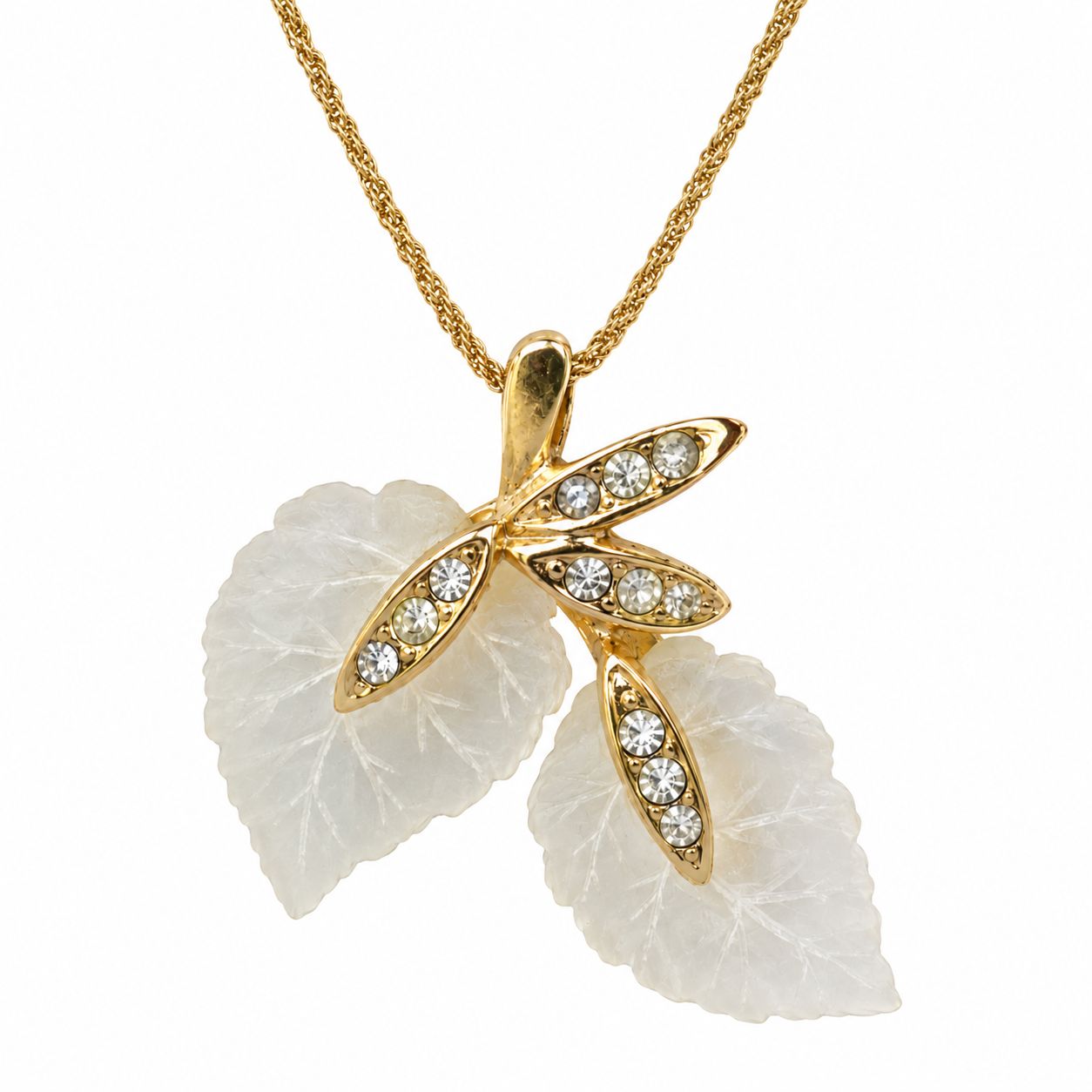 Vintage 1970s Christian Dior Gold-Plated Frosted Lucite Leaf Pendant Necklace