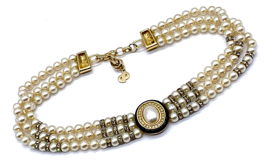 A Vintage Christian Dior Pearl, Crystal and Enamel Choker Necklace