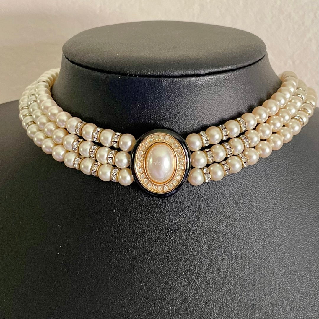 Christian Dior Late 1970s Faux Pearl and Crystal Black Enamel