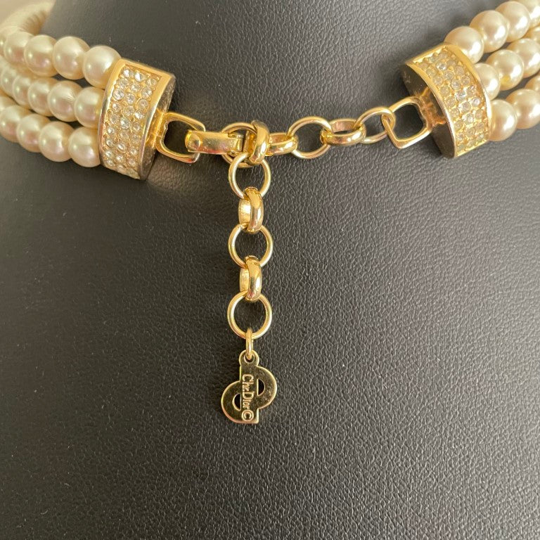 Christian Dior Late 1970s Faux Pearl and Crystal Black Enamel