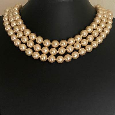 Vintage Kenneth Jay Lane Triple Strand Faux Pearl Necklace, Art Deco Style Clasp