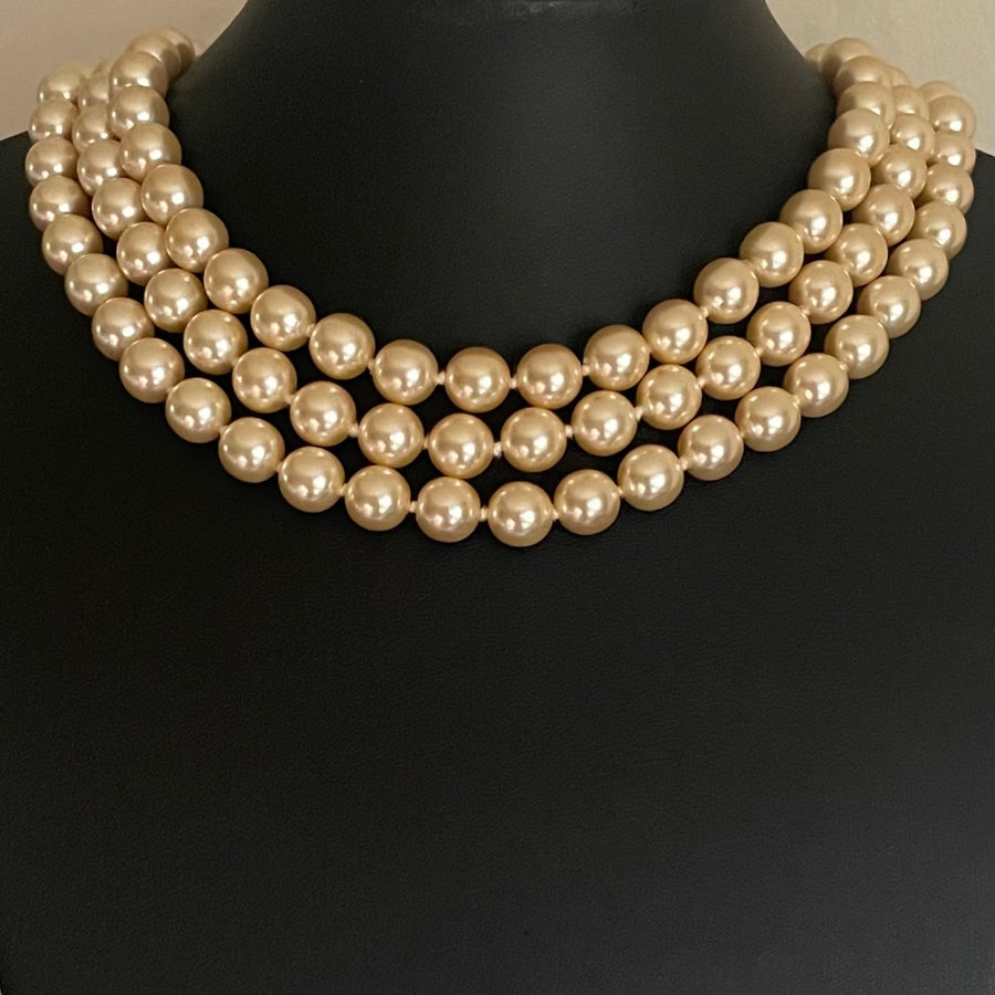 Vintage Kenneth Jay Lane Triple Strand Faux Pearl Necklace, Art Deco Style Clasp