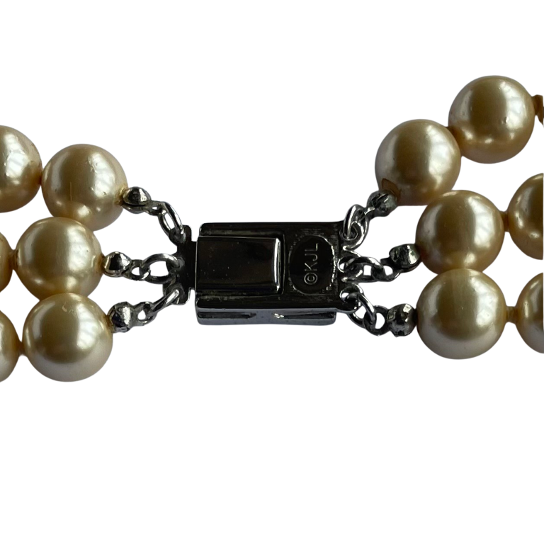 Vintage Kenneth Jay Lane Triple Strand Faux Pearl Necklace, Art Deco Style Clasp