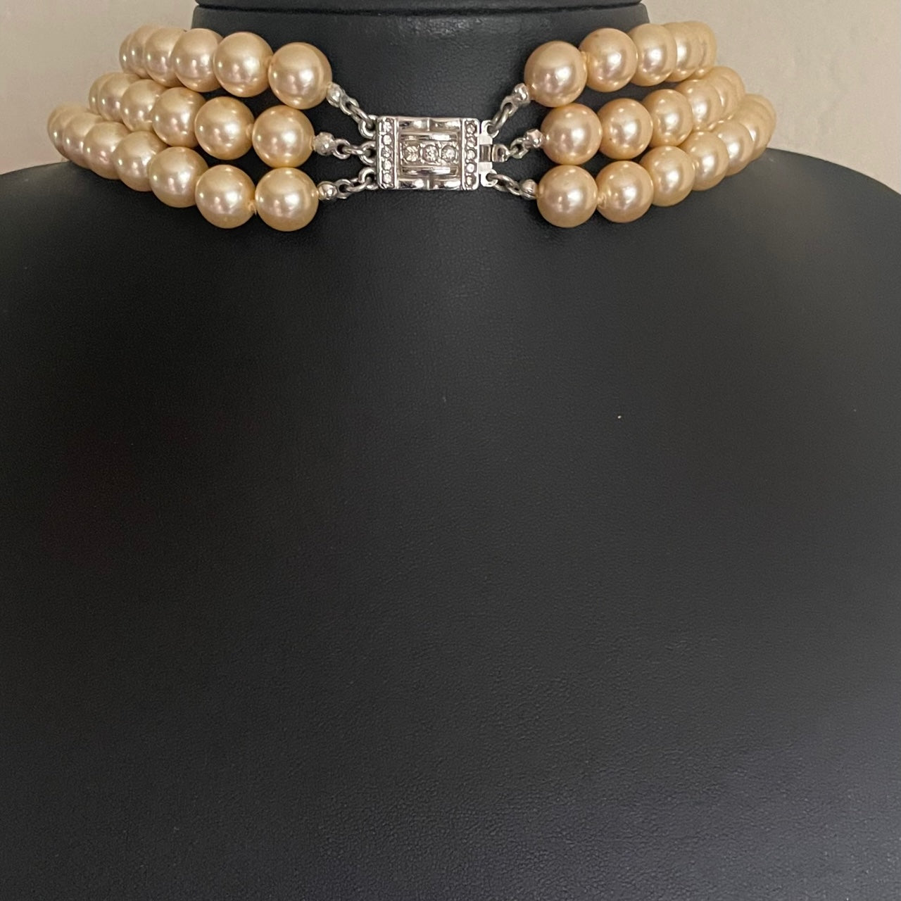 Vintage Kenneth Jay Lane Triple Strand Faux Pearl Necklace, Art Deco Style Clasp