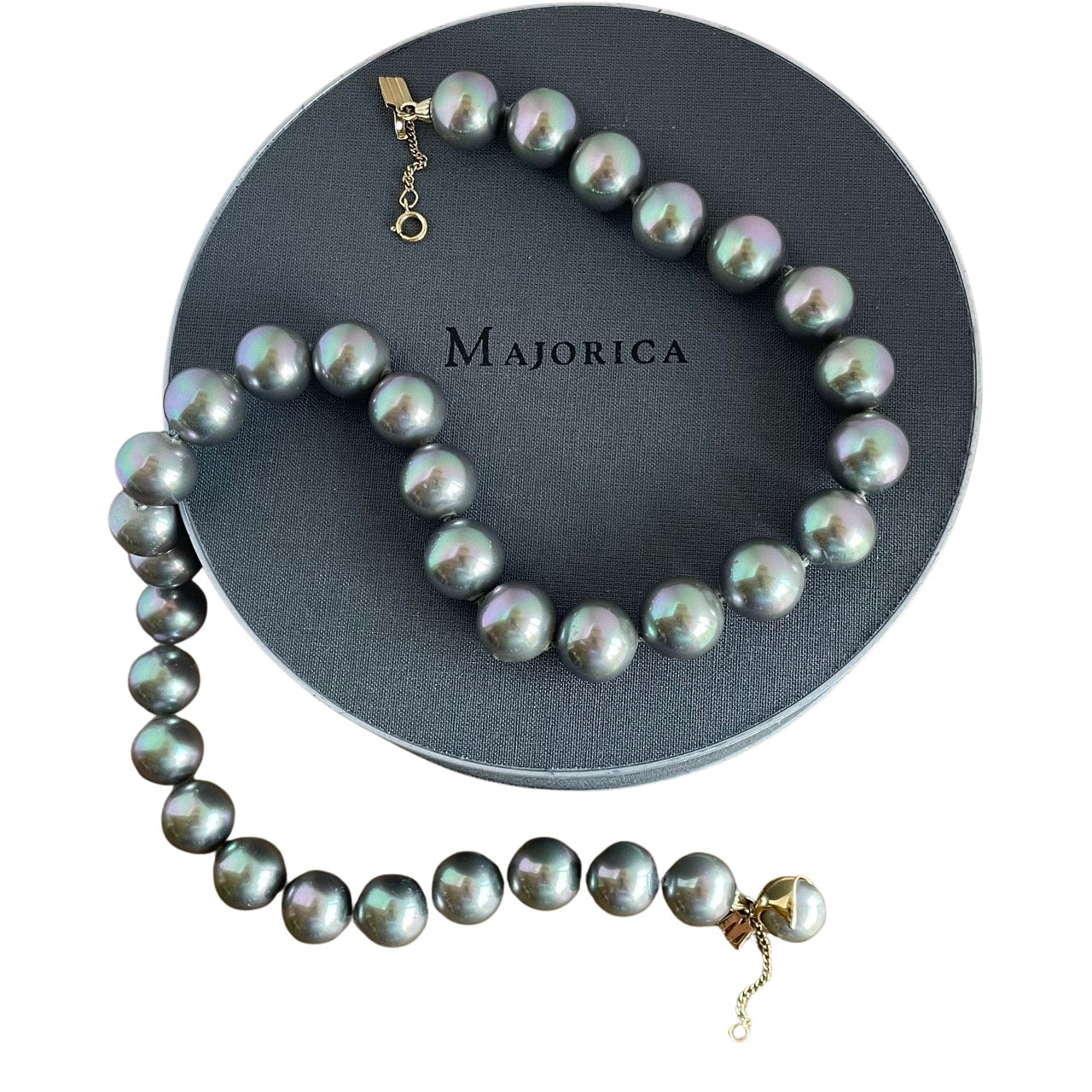 Vintage Majorica 'Tahitian' Faux Pearl Necklace 10mm | Sterling Silver Gilt Clasp | Original Box & Papers | Possibly Unworn