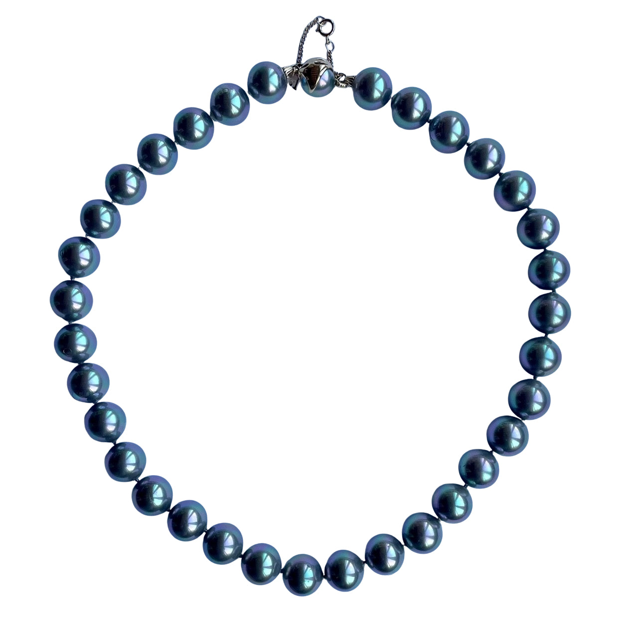Vintage Majorica 'Tahitian' Faux Pearl Necklace 10mm | Sterling Silver Gilt Clasp | Original Box & Papers | Possibly Unworn