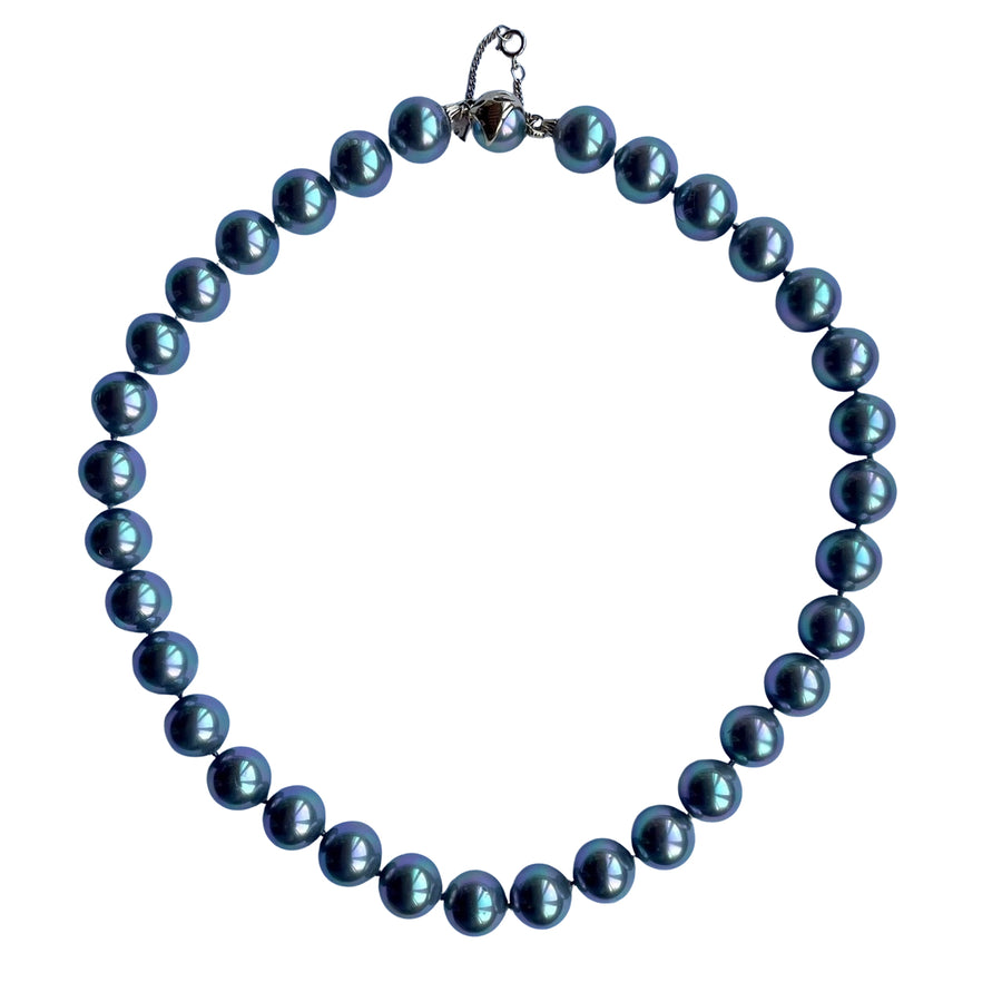 Vintage Majorica 'Tahitian' Faux Pearl Necklace 10mm | Sterling Silver Gilt Clasp | Original Box & Papers | Possibly Unworn