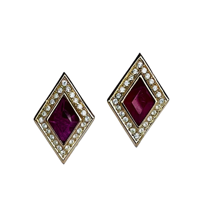 Earrings set wtih faceted ruby-red crystal in a striking diamond shape, surrounded by a halo of clear crystals - all set in Grossé’s signature high-quality gold plating.