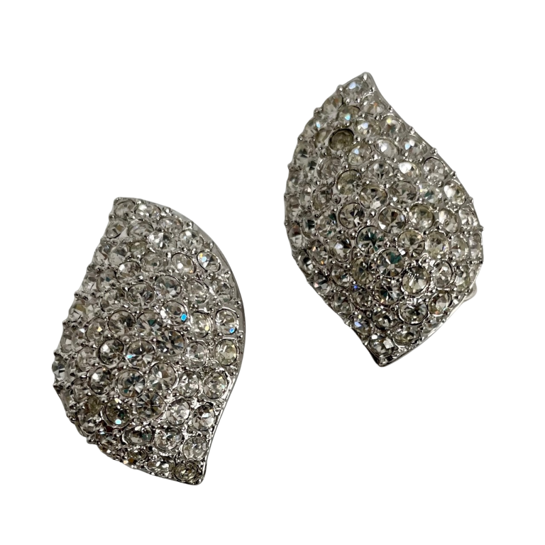 A Pair of Vintage Leaf Clip Earrings with Clear Crystals