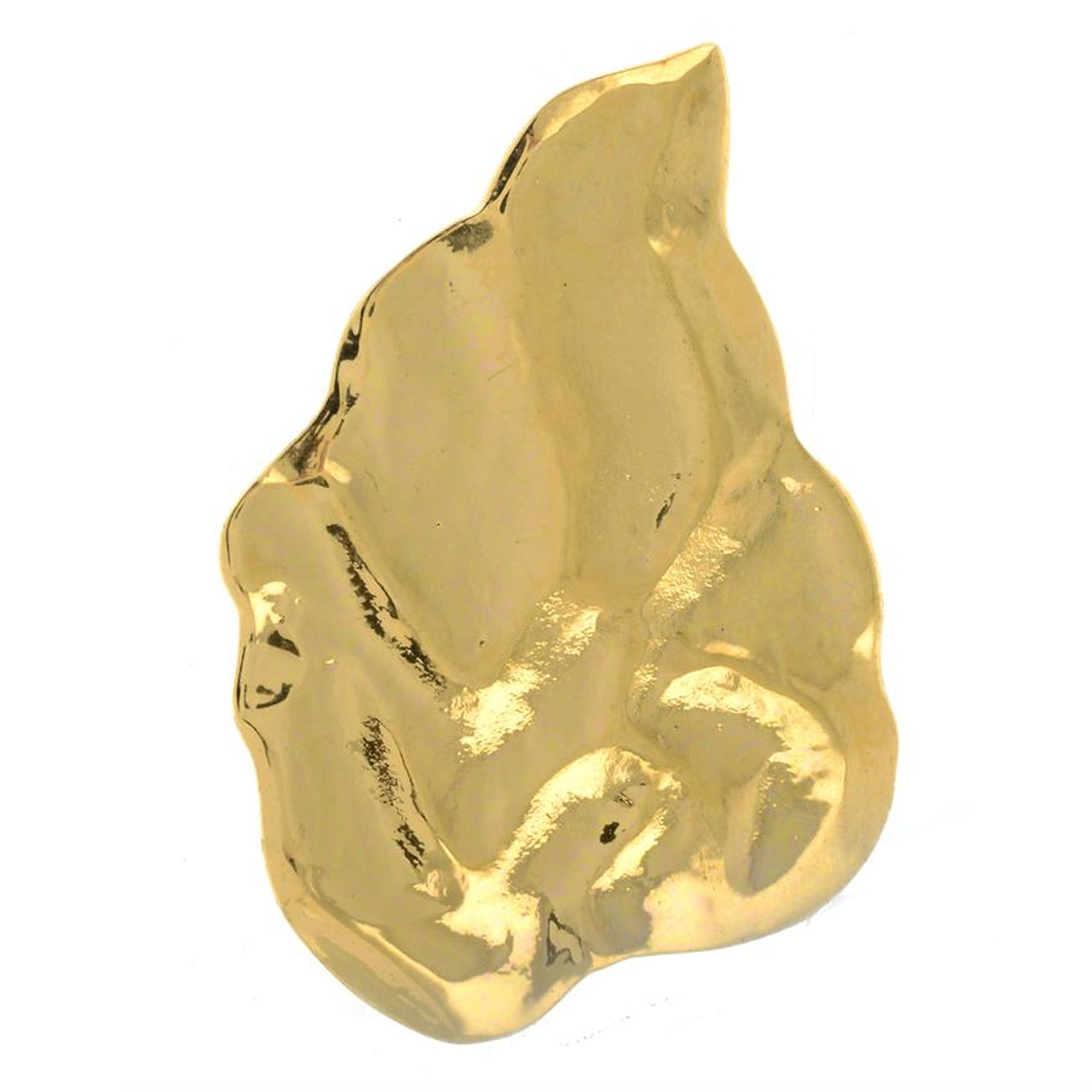 Front view of an authentic vintage Yves Saint Laurent gold flame leaf brooch designed by Robert Goossens, showcasing its heavily textured, abstract organic design.