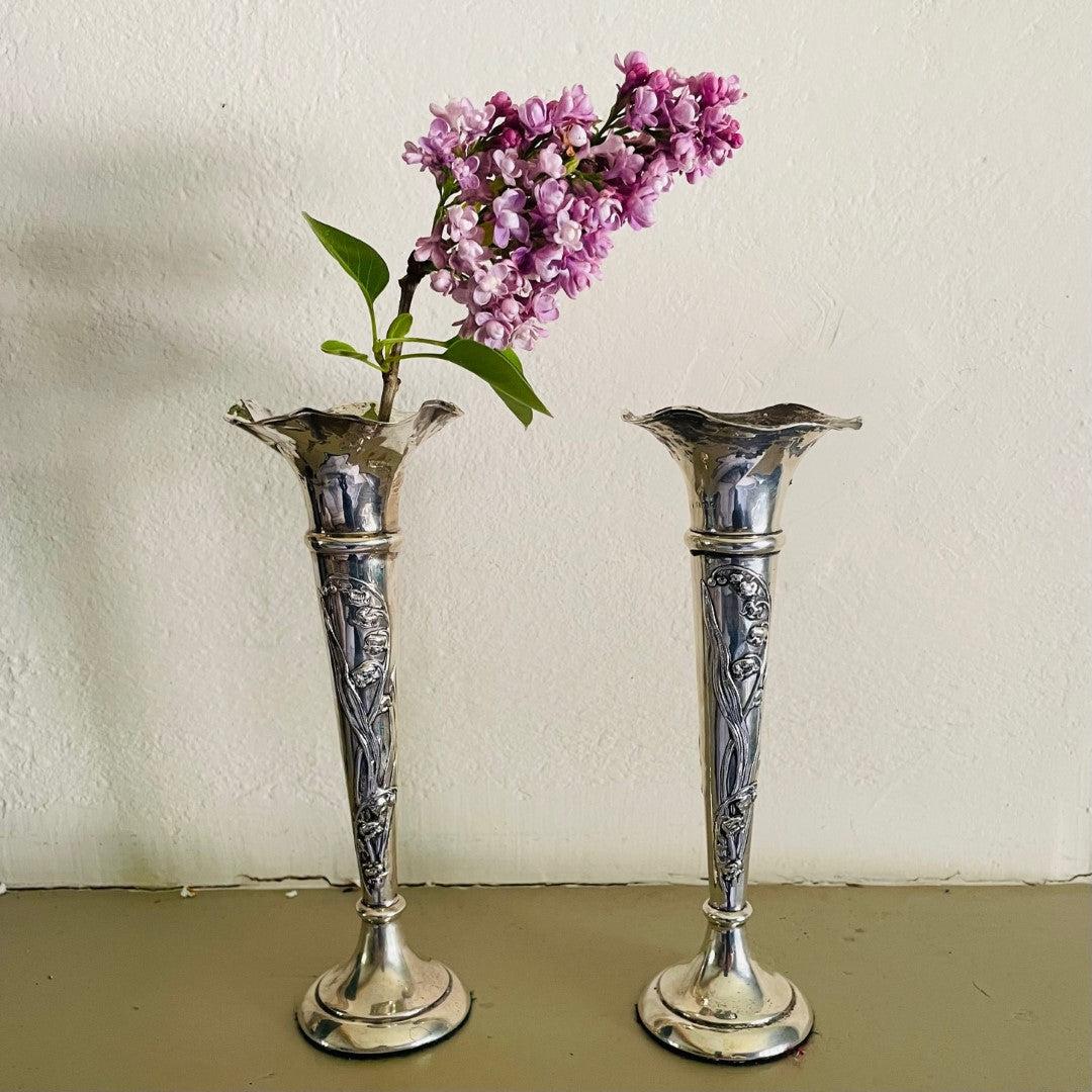 A Pair of Art Nouveau Silver Vases with Lily of the Valley Decoration