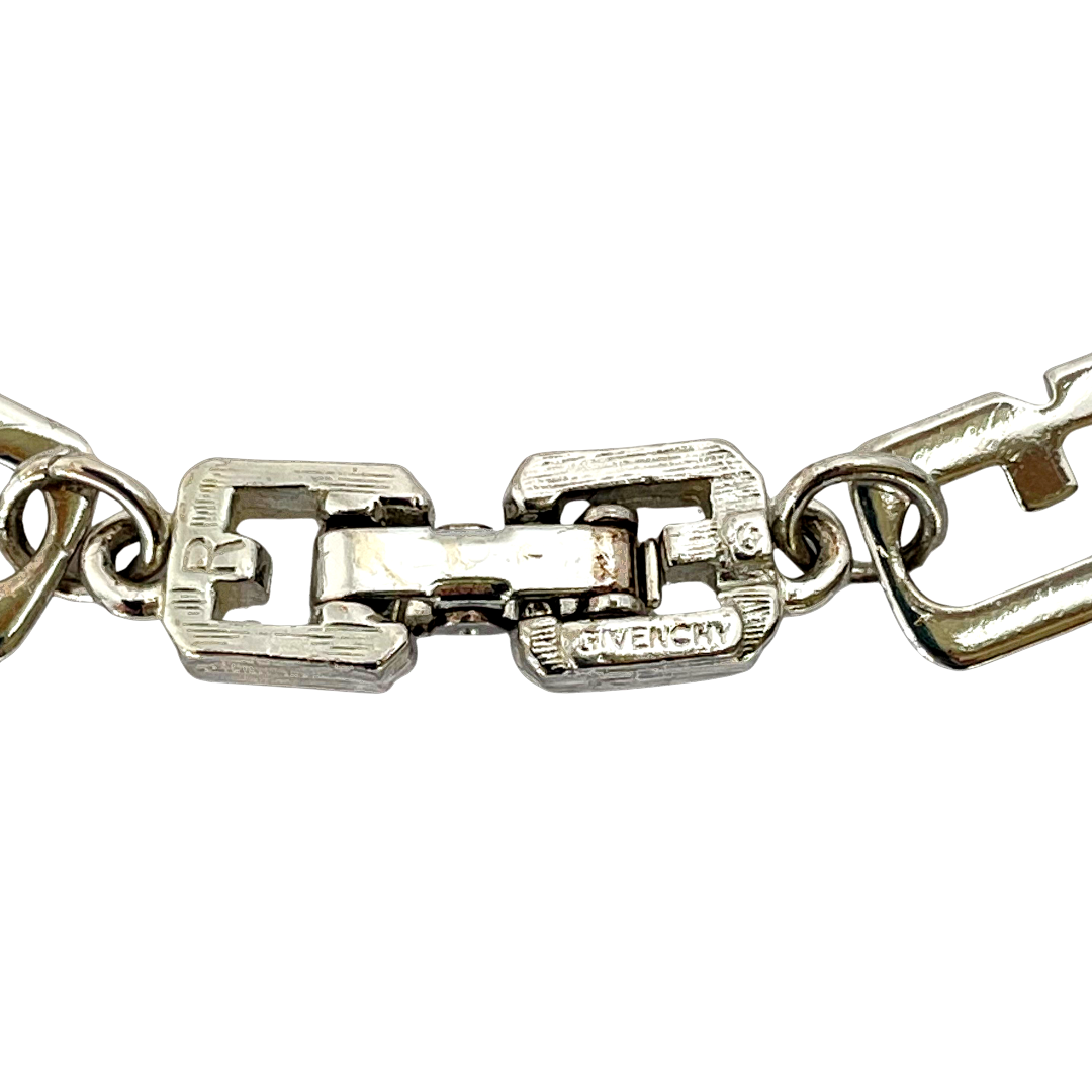 Vintage Givenchy silver tone G link bracelet showing clasp