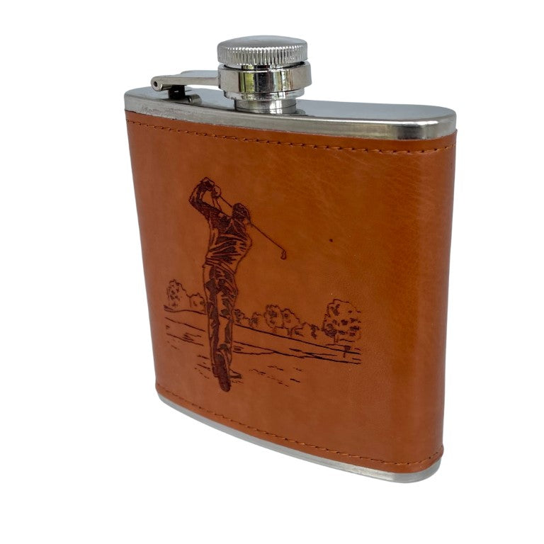 Engraved Leather Hip Flask - Golfer