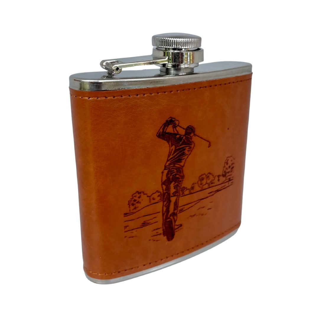 Engraved Leather Hip Flask - Golfer
