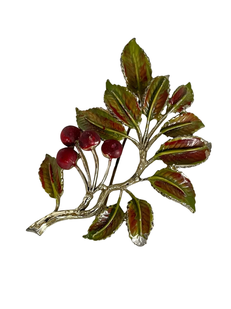 A Vintage Cherry Leaf Brooch, signed Exquisite, 1960s