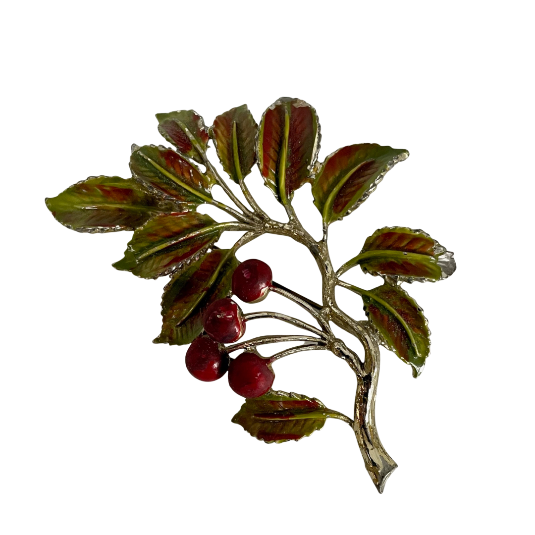 A Vintage Cherry Leaf Brooch, signed Exquisite, 1960s