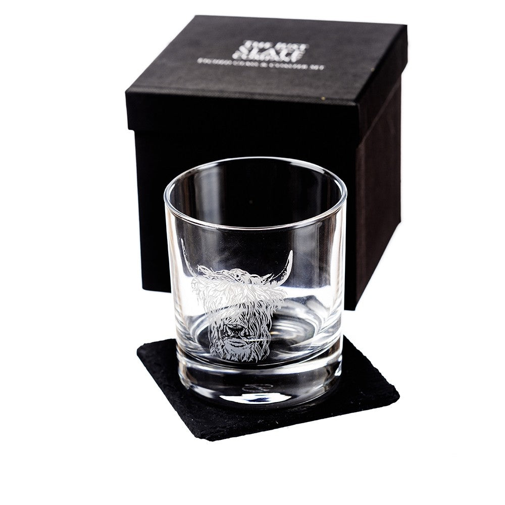 Highland Cow Engraved Tumbler with Slate Coaster