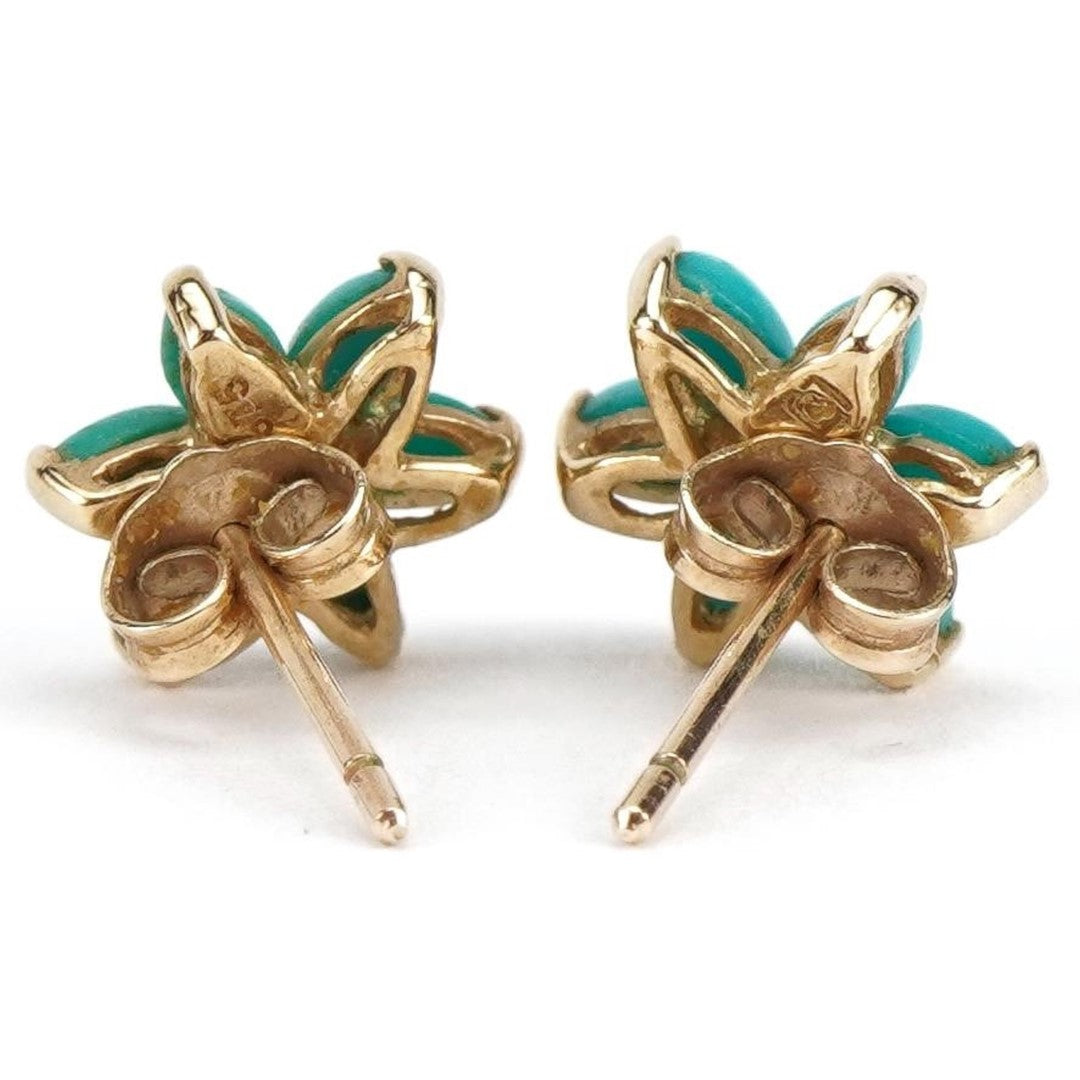A Pair of 9ct Gold Turquoise Flower Earrings