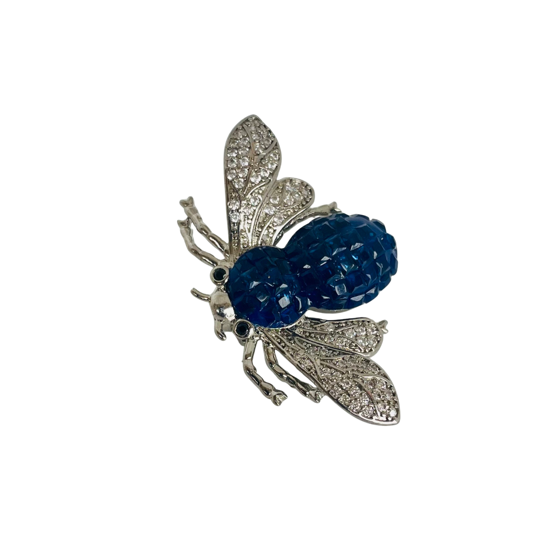 Vintage Butler & Wilson bee brooch with deep blue square-cut crystals and crystal wings, marked B&W, circa 1980s