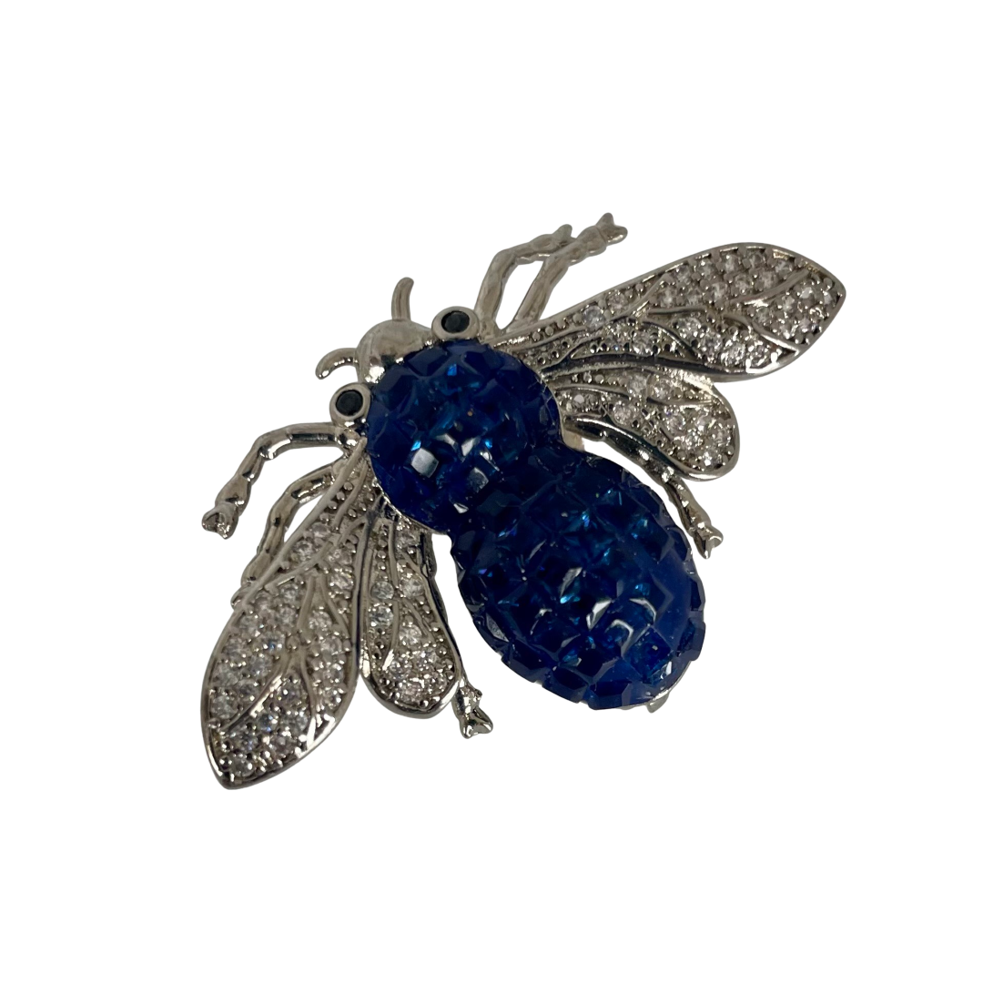 Vintage Butler & Wilson bee brooch with deep blue square-cut crystals and crystal wings, marked B&W, circa 1980s.