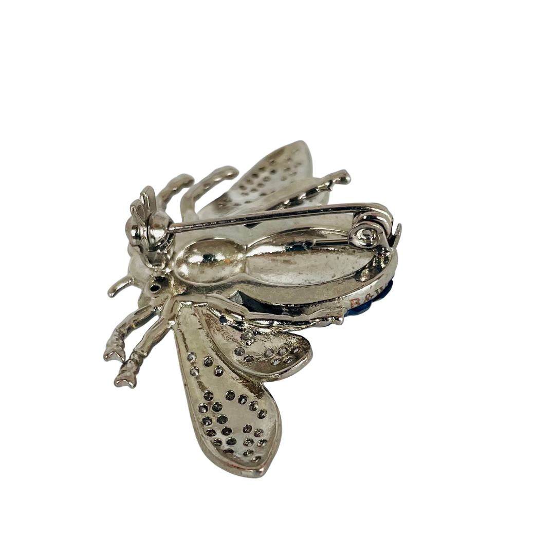 Vintage Butler & Wilson bee brooch with deep blue square-cut crystals and crystal wings, marked B&W, circa 1980s