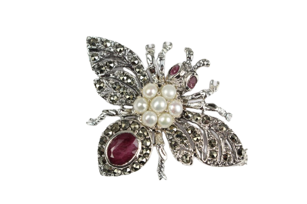 A Vintage Ruby and Pearl Silver Bug Brooch