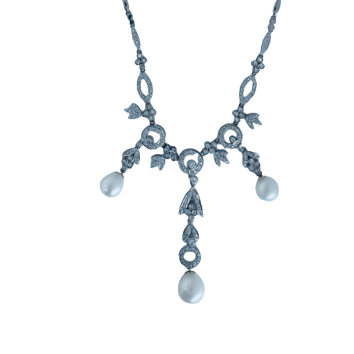 A Vintage Silver Edwardian Revival Pearl and Crystal Necklace