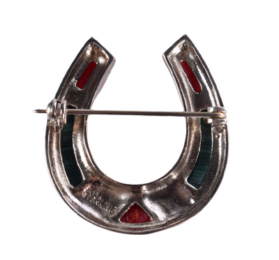 A Silver, Coral and Malachite Horseshoe Brooch