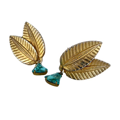 Vintage Gold Plated Leaf Earrings with Drop Crystals