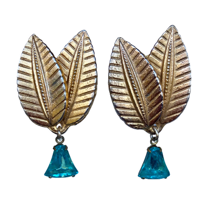 Vintage Gold Plated Leaf Earrings with Drop Crystals