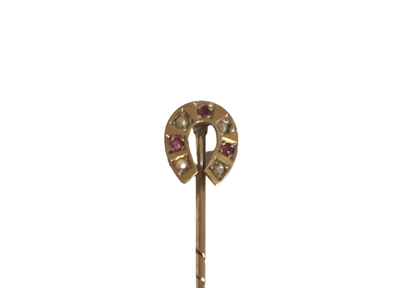 A Late 19th Century Horseshoe Stickpin, Ruby and Seed Pearl