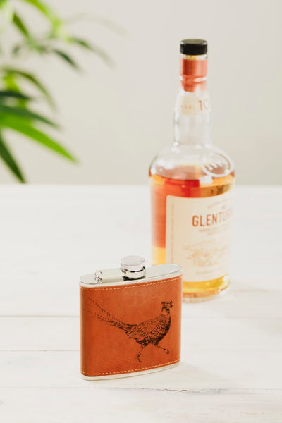 Engraved Leather Hip Flask - Pheasant
