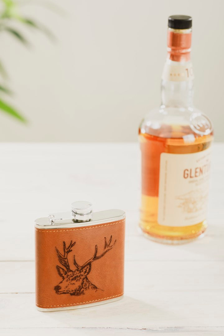 Engraved Leather Hip Flask - Stag