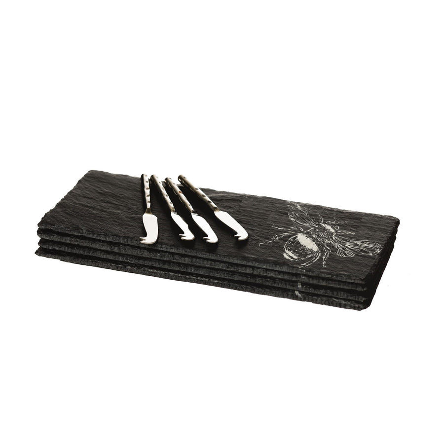 Set of 4  Bee Slate Mini Cheese Board and Knife Set