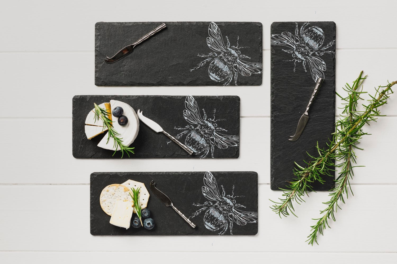 Set of 4  Bee Slate Mini Cheese Board and Knife Set