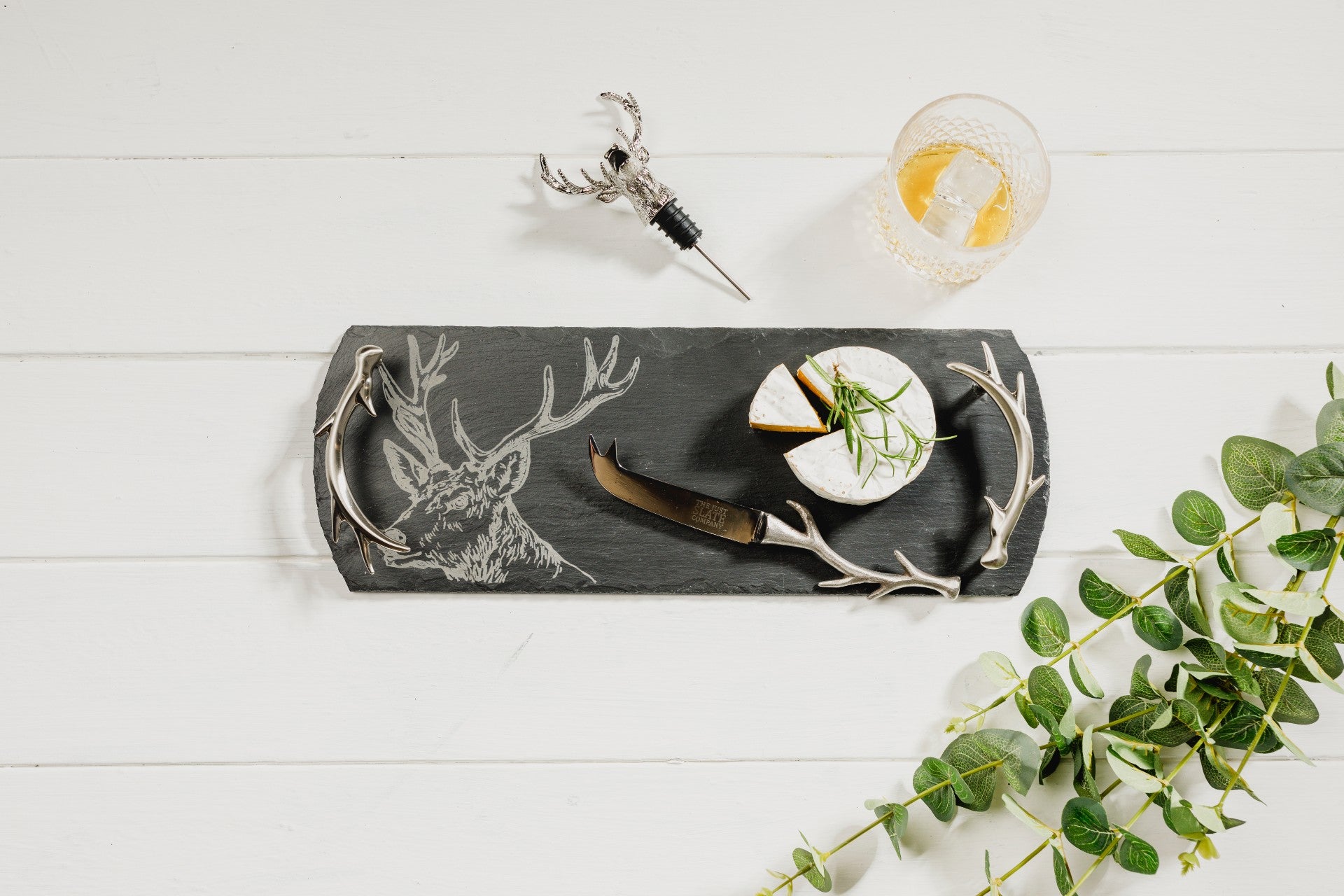 Stag Slate Tray, Cheese Knife and Bottle Pourer Cheese and Wine Gift Set