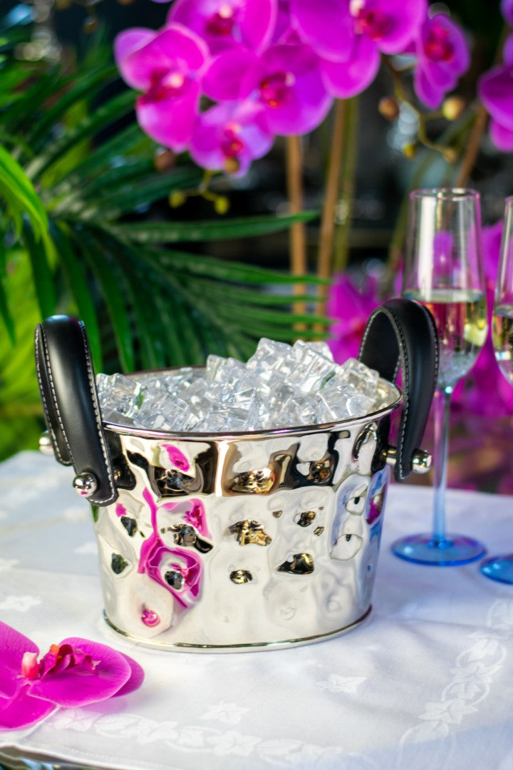 Ice Bucket with Black Leather Handles