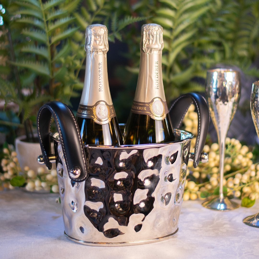Ice Bucket with Black Leather Handles